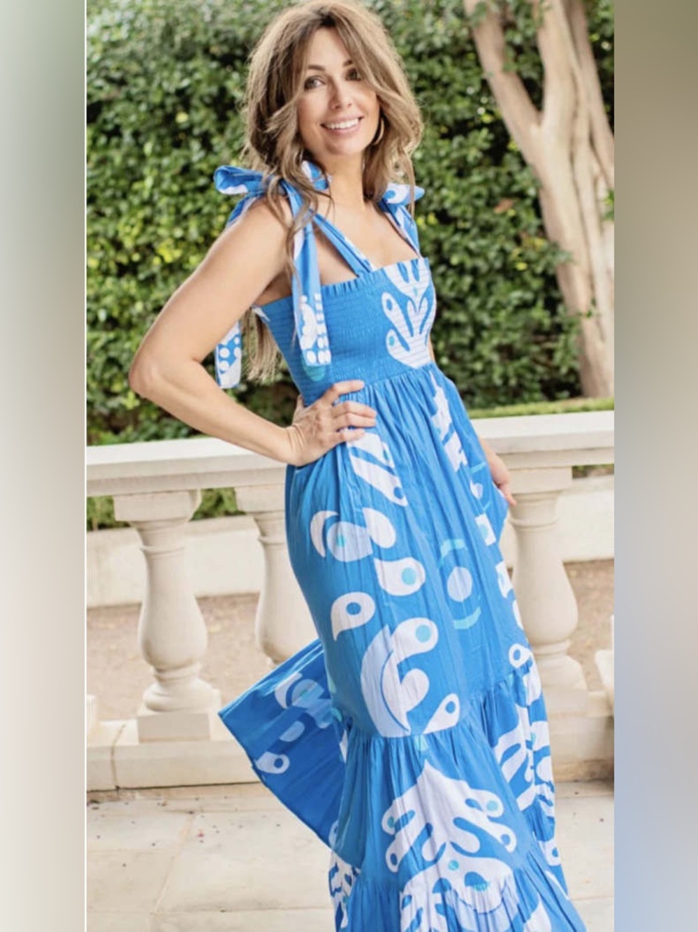 Sheridan French Blue Ink Blot Smocked Tie Strap Maxi Dress M
